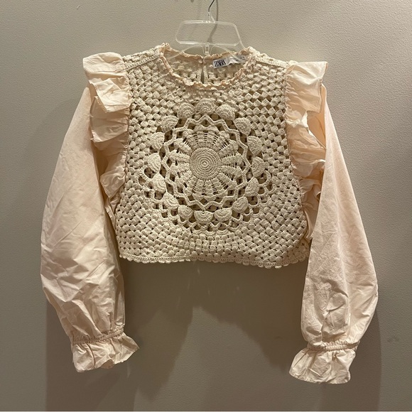 Zara Tops - Zara Cream Crochet Front Ruffle Sleeve Blouse